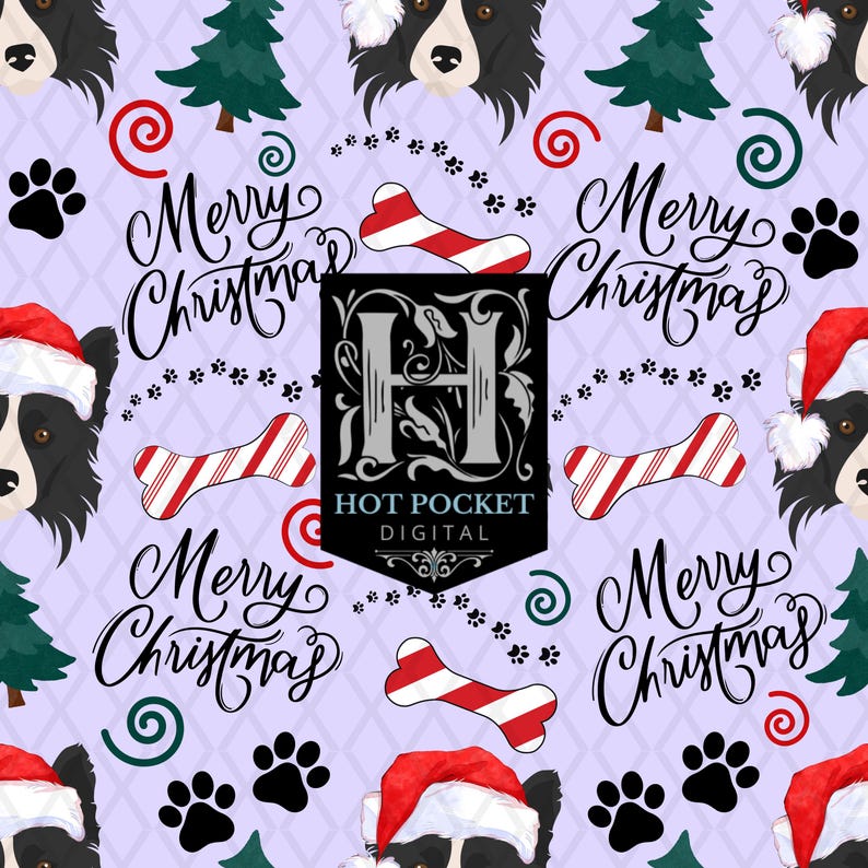 Border Collie Christmas Seamless Digital Pattern. Repeat Design