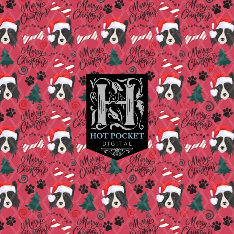 Border Collie Christmas Seamless Digital Pattern. Repeat Design
