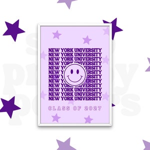 NYU Class of 2027 Smiley Face Star Digital Download College Acceptance Celebration Bed Decorating Party Printable 8.5x11 Poster
