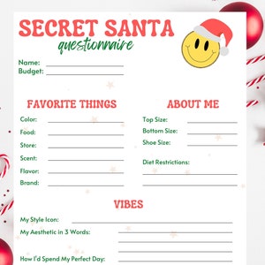 Modello QUESTIONARIO SEGRETO DI BABBO NATALE - Stampa download digitale Adolescenti, Ragazze, Preppy, Smiley, Lista dei desideri dei regali per le vacanze di Natale, Cose preferite,