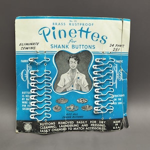 Vintage 1952 Pinettes Brass Rustproof Shank Button Fasteners with Instructions