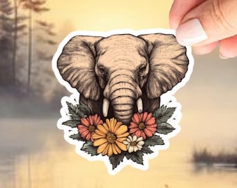 Elephant with Wildflowers Sticker.  Animal Stickers. Waterproof Vinyl.Cottagecore. Gift for Animal Lovers. Kindle Sticker. 5 Sizes to Choose