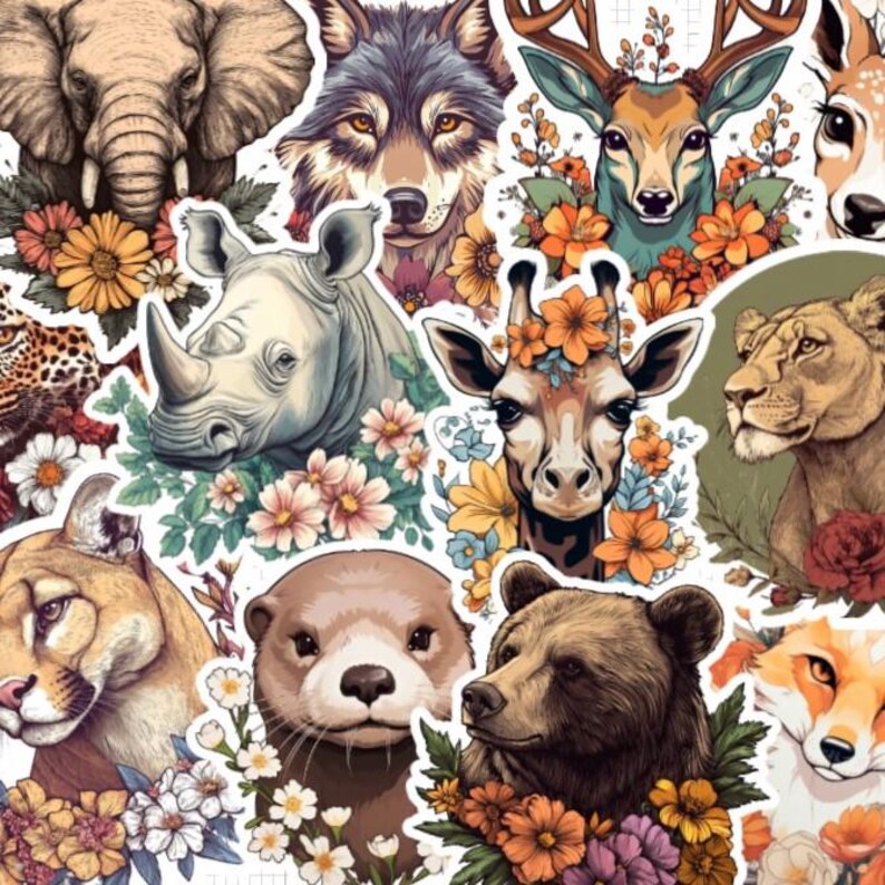 May include: A collection of animal stickers, including an elephant, wolf, deer, rhino, giraffe, lion, cougar, otter, bear, and fox. Each animal is surrounded by colorful flowers, creating a whimsical and artistic design. The stickers are likely for crafts or decoration.