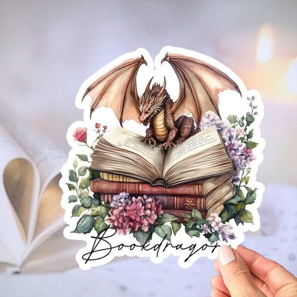 Bookdragon stickers. Fantasy Books Dragon Decal. Reading Sticker Gifts. Pretty.  Floral Dragon sticker. Mythical Creature Decal