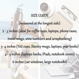 May include: Size guide graphic with measurements in inches. Includes text: 2-3 inches, 3-4 inches, 4-5 inches, and 6 inches. The image shows a water bottle, a coffee cup, a notebook, a laptop, and a pair of glasses.
