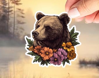 Grizzly Bear with Wildflowers Sticker. Waterproof Vinyl. Animal Decal for Nature Lovers.Gift for Animal Lovers. Kindle Stickers. Cottagecore