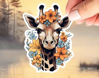 Giraffe with Wildflowers Sticker. Waterproof Vinyl. Animal Stickers. Cottagecore. Gift for Animal Lovers. Nature Lovers. Kindle Sticker.