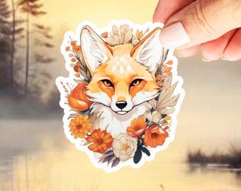 Red Fox with Wildflowers Sticker. Animal Stickers. Waterproof Vinyl. Fox with floral wreath for Animal Lovers. 5 Sizes fox decal to choose