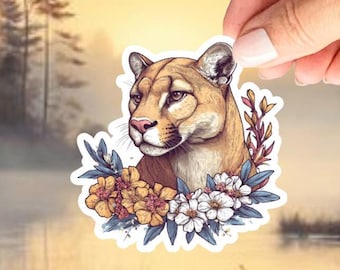 Lioness with Wildflowers Sticker. Waterproof Vinyl. Wild Animal Sticker. Gift for Animal Lovers. Cottagecore. Nature Lovers. Kindle Sticker