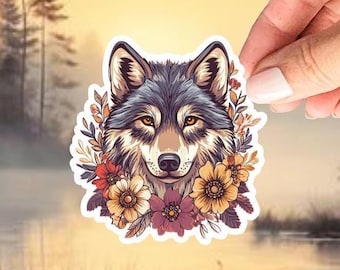 Wolf with Wildflowers Sticker. Waterproof Vinyl Animal Sticker. Cottagecore. Gift for Animal Lovers. Nature Lovers. Kindle Sticker