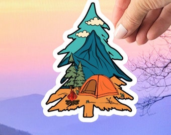 Mountain Camping vinyl sticker.  Nature and scenery decal.  Bonfire. Vanlife. Tent and Mountains. Outdoor life.