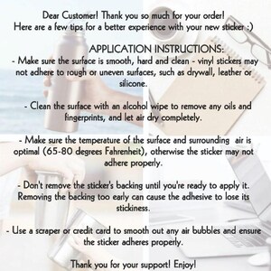 May include: Image with instructions for applying a vinyl sticker. Text includes tips for surface preparation, cleaning, temperature, and application. The instructions advise using a scraper or credit card to smooth out air bubbles.
