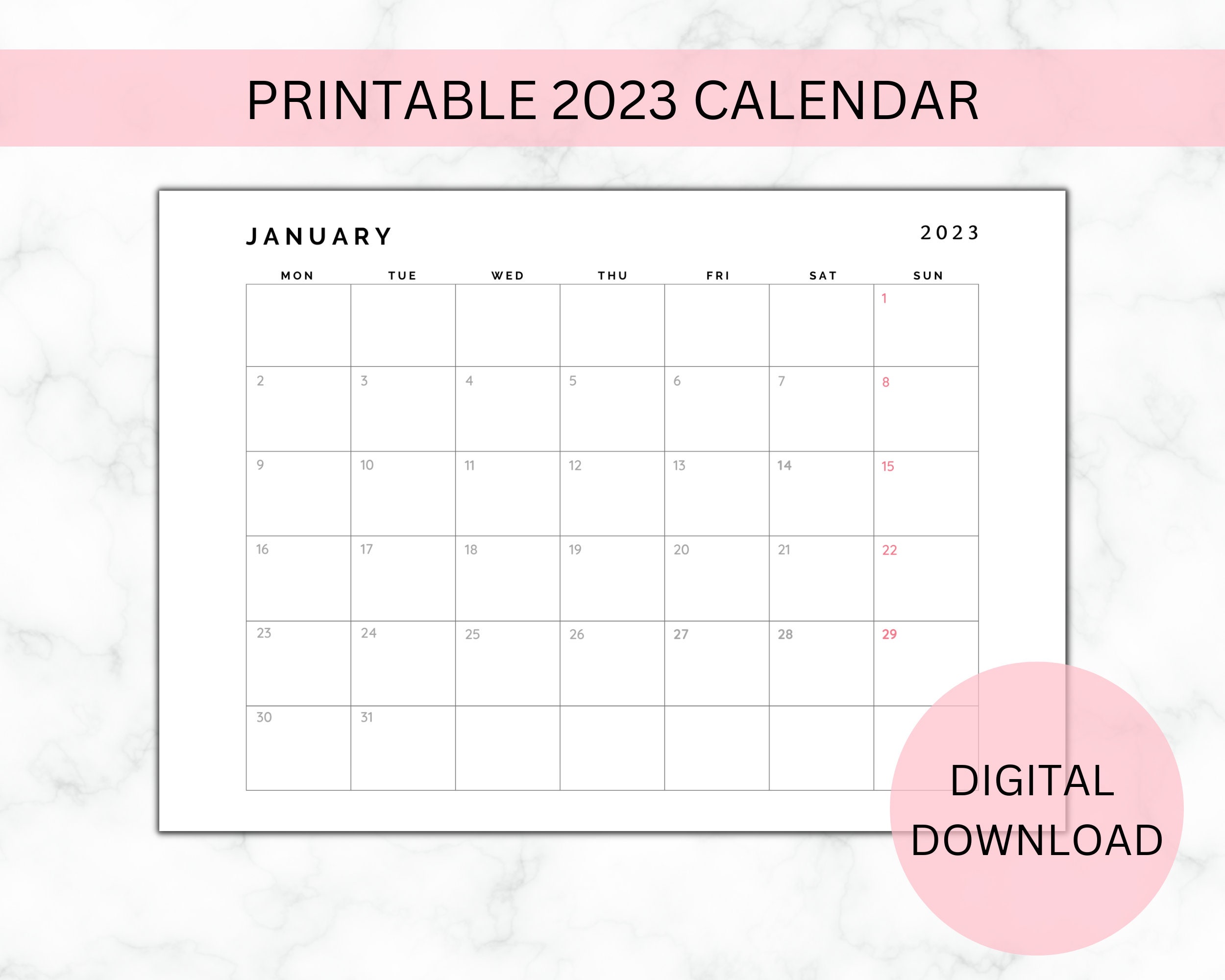 Printable Calendar 2023 Monthly Planner 2023 A4 A3 Landscape Monday