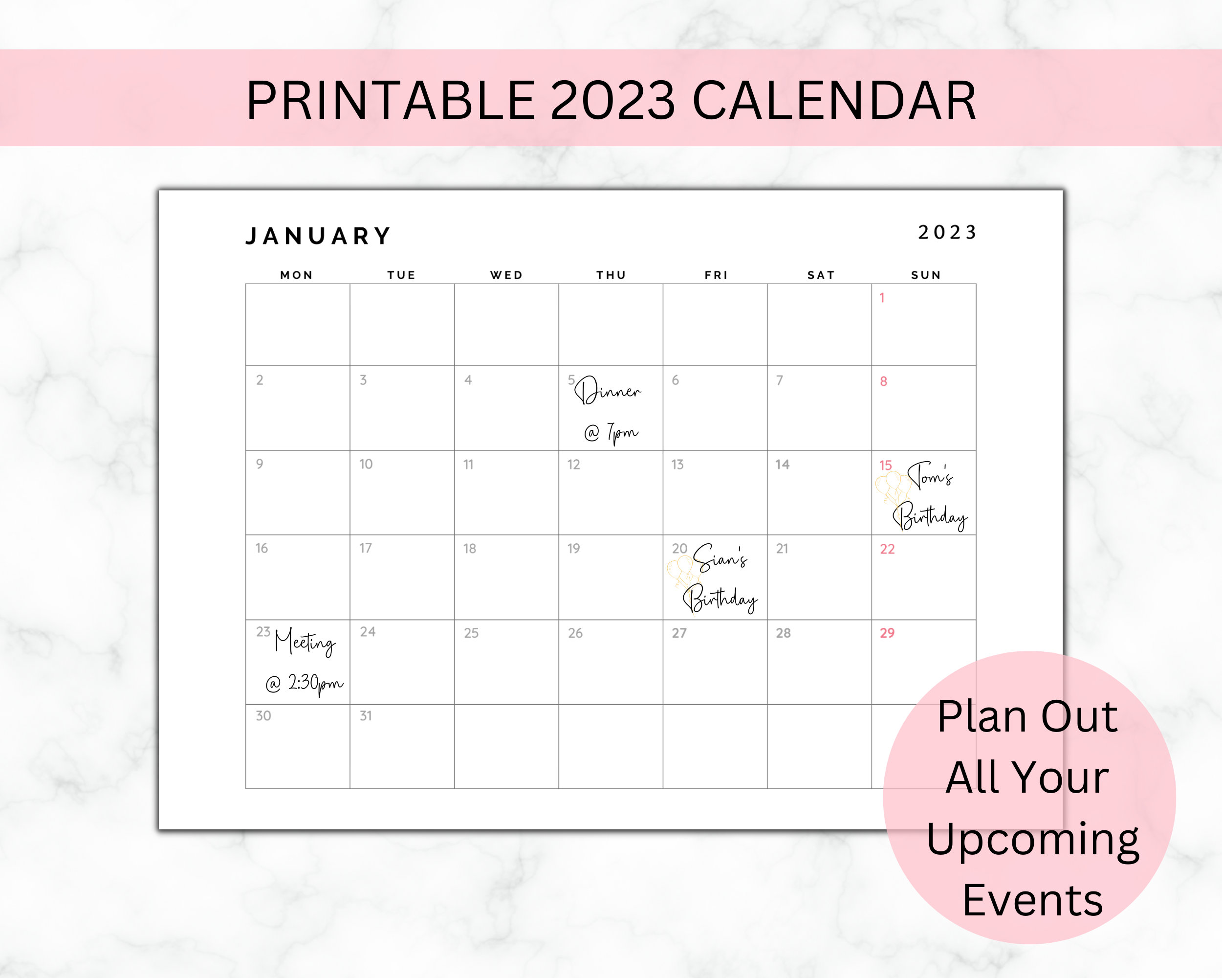 Printable Calendar 2023 Monthly Planner 2023 A4 A3 Landscape Monday