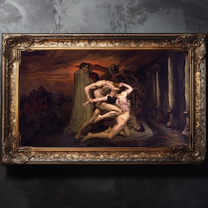 Könnte beinhalten: Ein gerahmtes Ölgemälde, das eine dramatische Szene mit einer Gruppe von Figuren in einer dunklen, schattenhaften Umgebung darstellt. Die Figuren sind in einen Kampf verwickelt, wobei eine Figur eine andere anzugreifen scheint. Das Gemälde ist vor dem Hintergrund eines zerfallenden Gebäudes und eines stürmischen Himmels gemalt.