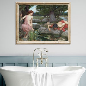 K&ouml;nnte beinhalten: Ein Gem&auml;lde, das eine Frau in einem roten Kleid zeigt, die an einem Teich sitzt und einen Mann beobachtet, der auf dem Boden liegt und ins Wasser schaut. Der Mann tr&auml;gt ein rotes Tuch um die Taille. Das Gem&auml;lde spielt in einem Wald mit B&auml;umen und gr&uuml;nem Gras.