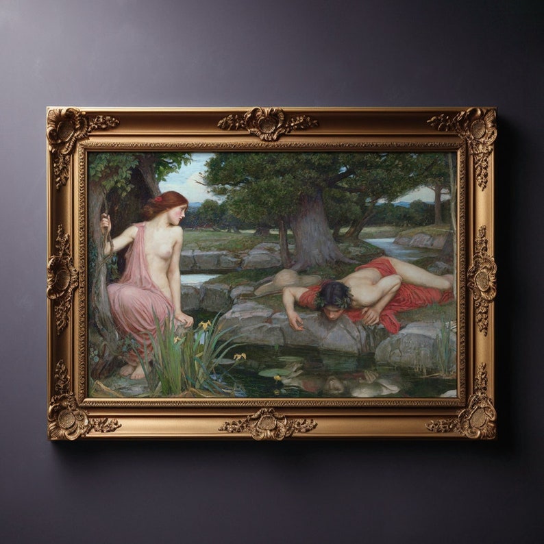 K&ouml;nnte beinhalten: Ein gerahmtes Gem&auml;lde, das eine Frau in einem rosa Gewand und einen Mann in einem roten Gewand zeigt, die beide auf einen kleinen Teich in einer Waldlandschaft schauen.