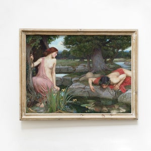 K&ouml;nnte beinhalten: Ein Gem&auml;lde, das eine Frau in einem rosa Kleid und einen Mann in einem roten Gewand zeigt, die beide in einen Wasserteich in einer Waldlandschaft schauen.