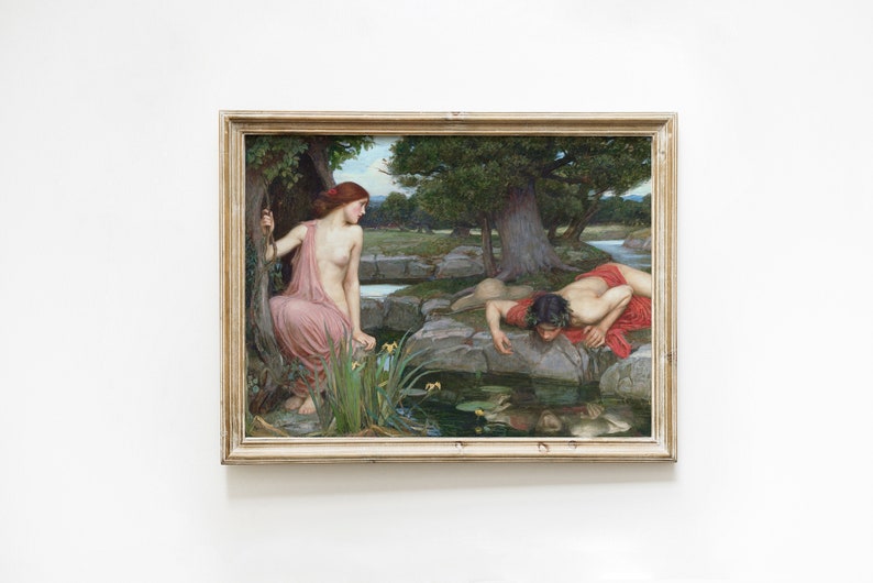 K&ouml;nnte beinhalten: Ein Gem&auml;lde, das eine Frau in einem rosa Kleid und einen Mann in einem roten Gewand zeigt, die beide in einen Wasserteich in einer Waldlandschaft schauen.