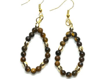 Natural Stone Tiger's Eye and Gold Hoop Earrings Gemstone