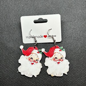 Santa Clause Christmas Holiday Wooden Dangle Earrings Stainless Steel Hooks