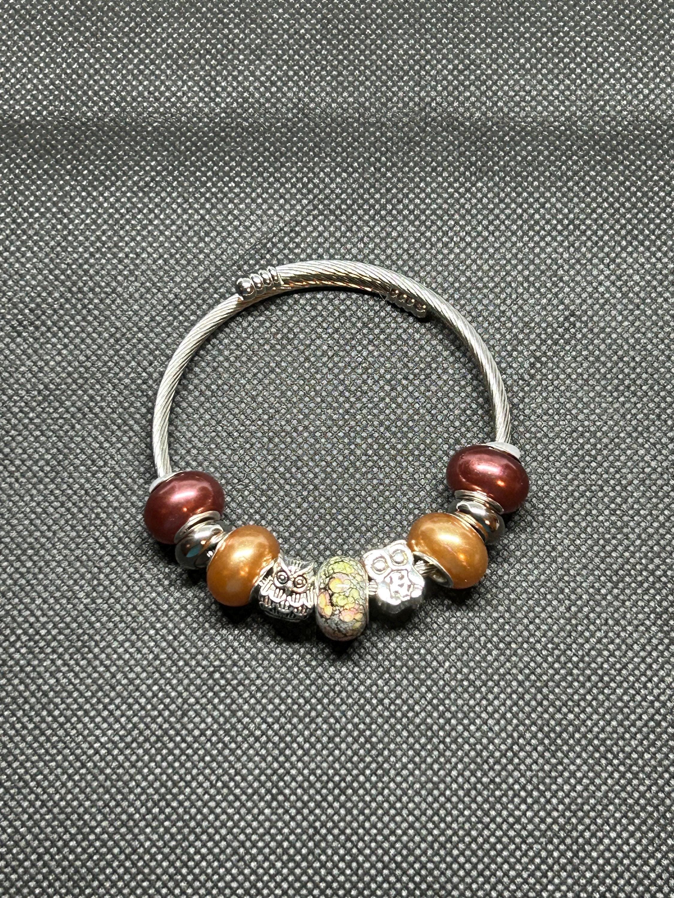 Brown & Beige Owl Beaded Cuff Adjustable Bracelet