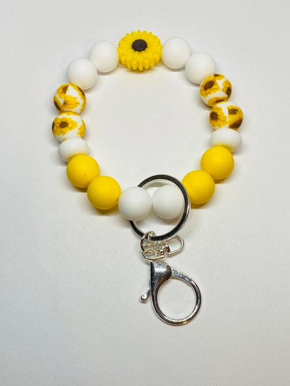 Black and Yellow Beaded Keychain Bracelet Beaded Keychain Wristlet With Silicone Beads - Sunflower  main image 4