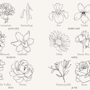 May include: A black and white line drawing illustration of flowers representing each month of the year. January: Carnation, February: Iris and Violet, March: Cherry Blossom and Daffodil, April: Daisy and Sweet Pea, May: Lily of the Valley and Peony, June: Honeysuckle and Rose.
