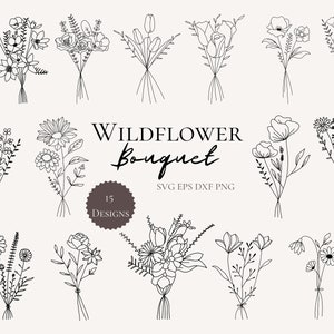 Hand-drawn Flower Bouquet Hand-drawn Wedding Bouquet Wildflower Bouquet Digital Drawing Minimalist Wildflower Bouquet Line Illustration