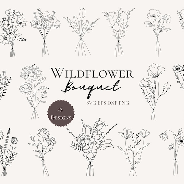 Hand-drawn Flower Bouquet Hand-drawn Wedding Bouquet Wildflower Bouquet Digital Drawing Minimalist Wildflower Bouquet Line Illustration