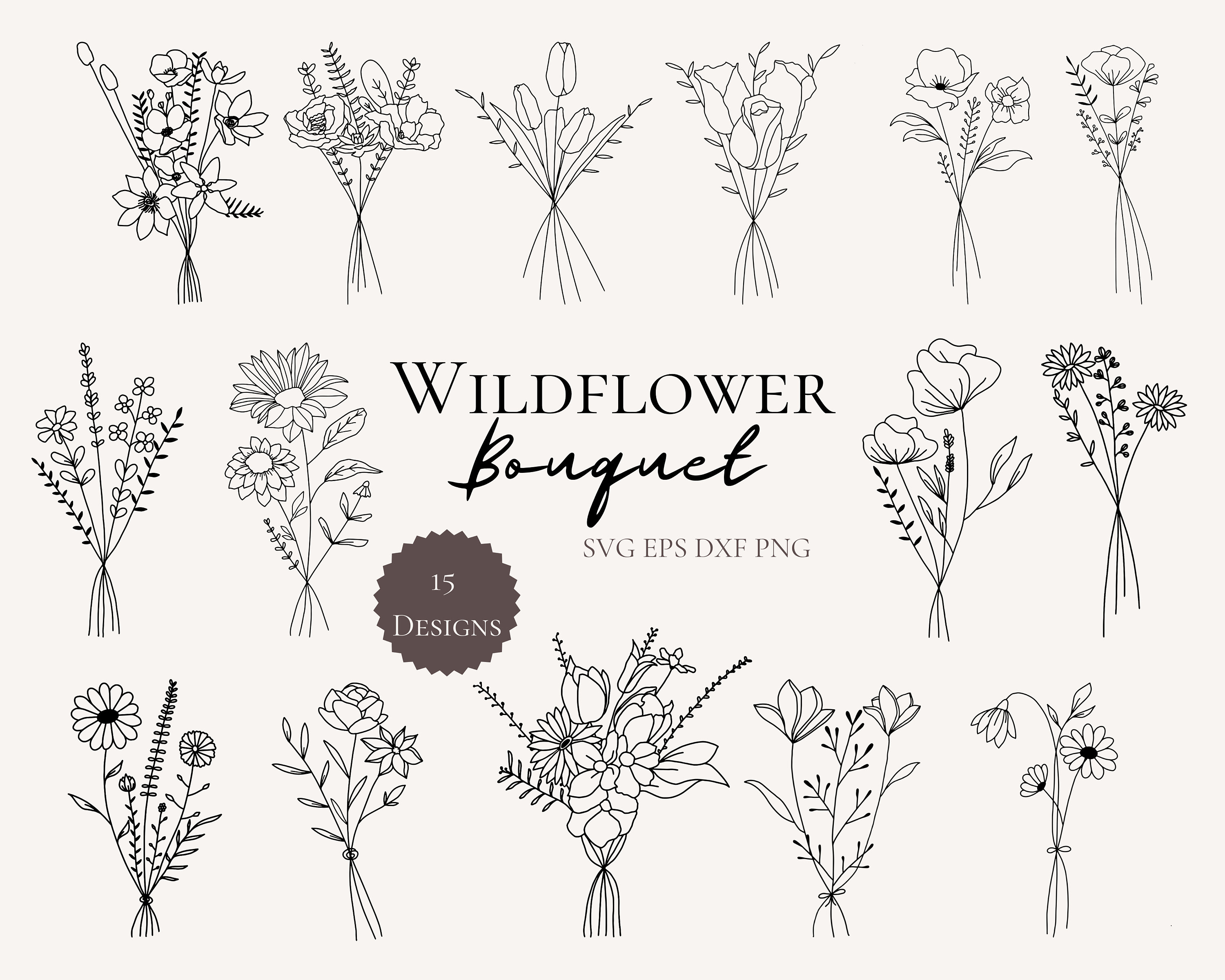 Handdrawn Flower Bouquet Handdrawn Wedding Bouquet Wildflower Bouquet