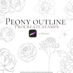 Puede incluir: Un fondo blanco presenta múltiples dibujos lineales de flores de peonía. El texto "PEONY OUTLINE PROCREATE STAMPS" se muestra en negro. Hay un icono de la aplicación Procreate, junto con el texto "13 Designs".