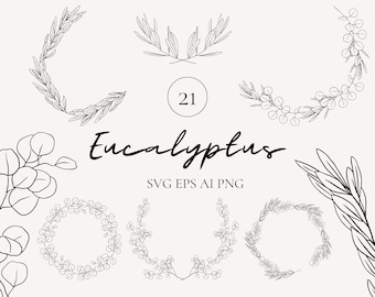 Eucalyptus Line Art SVG: Hand-Drawn Wreaths & Elements (Digital Download)