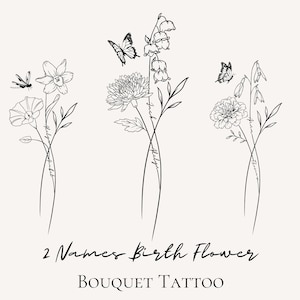2 Names Custom Birth Flower Tattoo Design Personalized Birth Floral Tattoo Custom Family Birth Flower Bouquet With Names Unique Tattoo