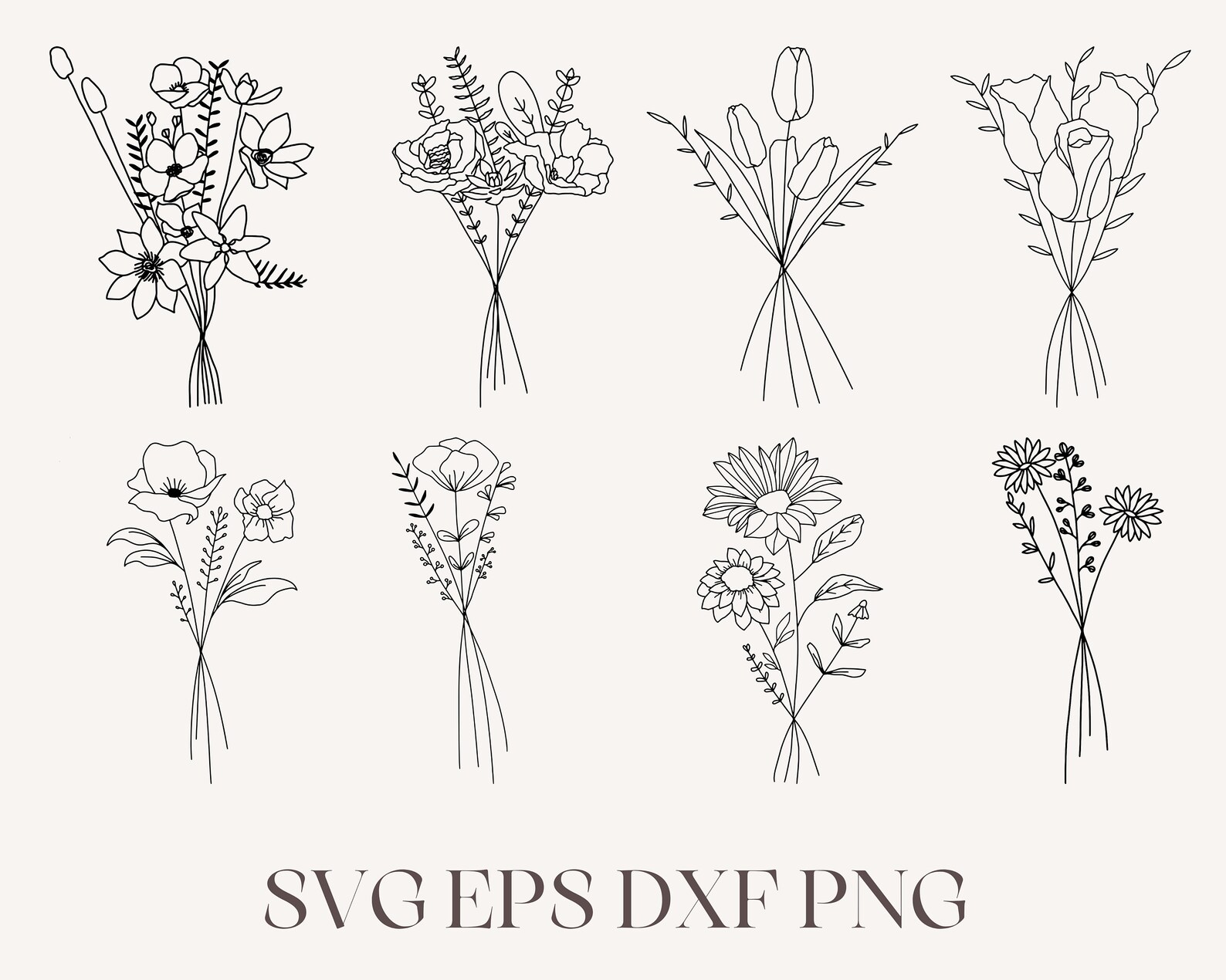 Handdrawn Flower Bouquet Handdrawn Wedding Bouquet Wildflower Bouquet