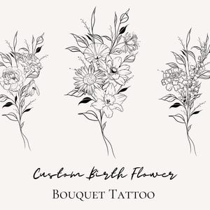 Kundenspezifisches Geburts-Blumenstrauß-Tattoo, Familien-Geburtsmonat-Tätowier-Design, kundenspezifischer Blumenstrauß-Druck, einzigartiges botanisches Blumenstrauß-Tätowier-Design