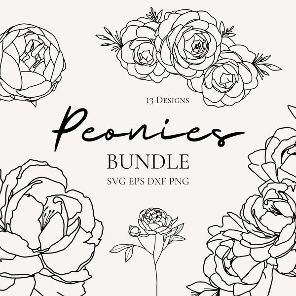 Peony Svg For Wedding Invitation Black And White Peony Outline Svg Peony Fine Line Artwork Single Peony Embroidery Design Peony Line Art