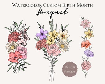 Family Flower Bouquet Custom Color Birth Flower Bouquet Tattoo Design Color Birth Month Flower Tattoo Bouquet Custom Made Gift For Her