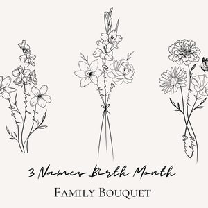 3 Namen Geburtsmonat Blumen Tattoo Design, Kundenspezifischer Blumen Tattoo Blumenstrauß, personalisierter Familiengeburts-Blumen-Tattoo-Design mit Drei Namen