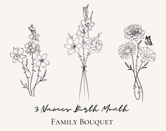 Custom Birth Flower Tattoo Design: Family Floral Bouquet With 3 Names (Digital File)