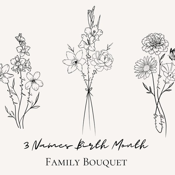 Custom Birth Flower Tattoo Design: Family Floral Bouquet With 3 Names (Digital File)