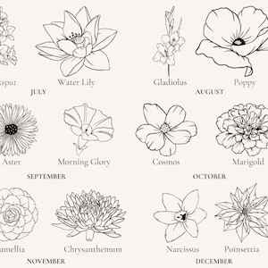 May include: A black and white illustration of a flower calendar. Each month is represented by a different flower. The months are July, August, September, October, November, and December.