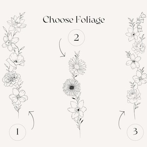May include: Choose Foliage: Three black and white line drawings of floral arrangements. The first arrangement is a wreath of flowers, the second is a vertical arrangement of flowers, and the third is a vertical arrangement of flowers. Each arrangement is numbered 1, 2, and 3.