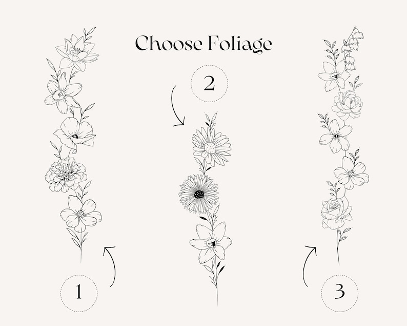 May include: Choose Foliage: Three black and white line drawings of floral arrangements. The first arrangement is a wreath of flowers, the second is a vertical arrangement of flowers, and the third is a vertical arrangement of flowers. Each arrangement is numbered 1, 2, and 3.