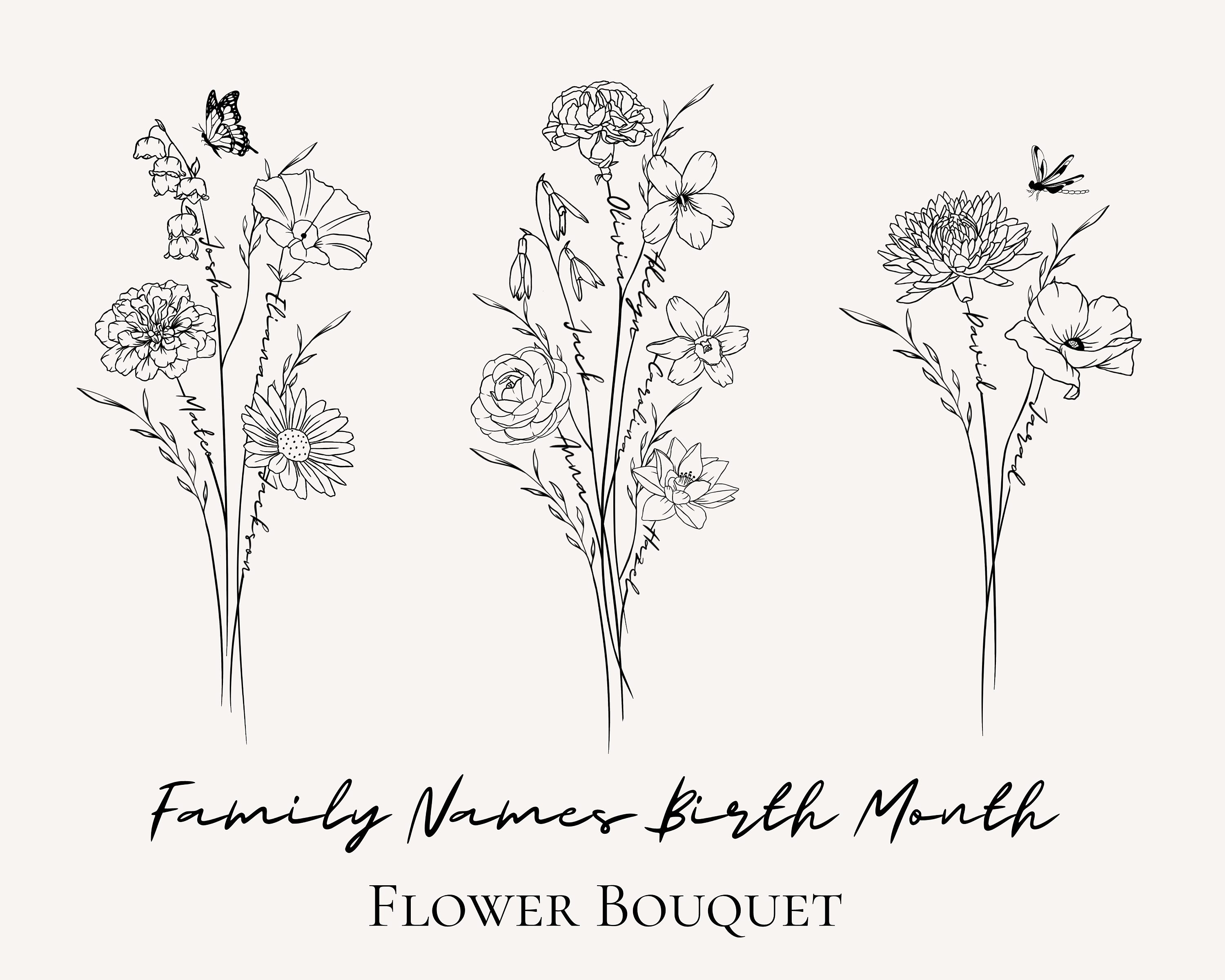 Custom Birth Month Flower Bouquet with Family Names (Digital File)