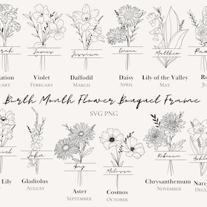 Birth Month Flower Bouquet Frame Svg Bundle Birth Month Floral Bouquet Frame Personalized Birthday Flower Bouquet Frame Artwork Png