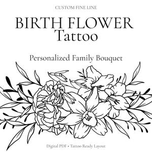 Diseño de tatuaje de flor de nacimiento personalizado: ramo familiar de flores personalizado, tatuaje de línea fina para muñeca, antebrazo o columna vertebral (PDF digital)
