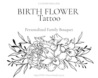 Personalized Birth Flower Tattoo Design – Custom Family Floral Bouquet, Fine Line Tattoo for Wrist, Forearm or Spine – Digital PDF
