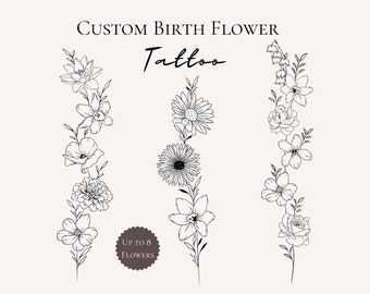 Birth Flower Spine Tattoo Design Custom Wrist Birth Flower Tattoo Vertical Spine Birth Month Tattoo Floral Wrist Tattoo Design For Birthday