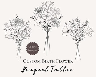 Custom Family Birth Flower Bouquet Tattoo Design Customised Birth Flower Arrangement Family Birth Month Flower Tattoo Custom Made Gift